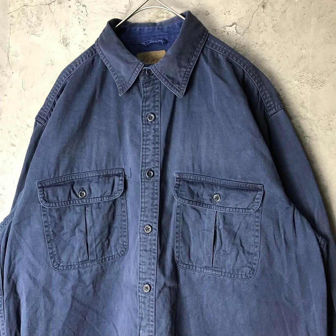 A1653古着　コットンシャツ　ネイビー　90s Y2K M 紺