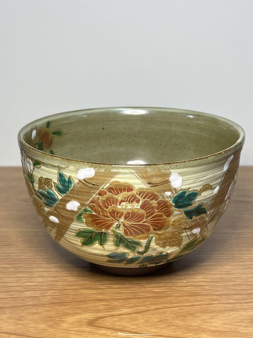 花房美峰　色絵茶碗　寒牡丹