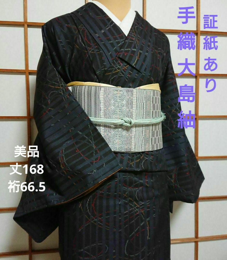 大島紬 泥染 一元式 手織 証紙 丈168 裄66.5