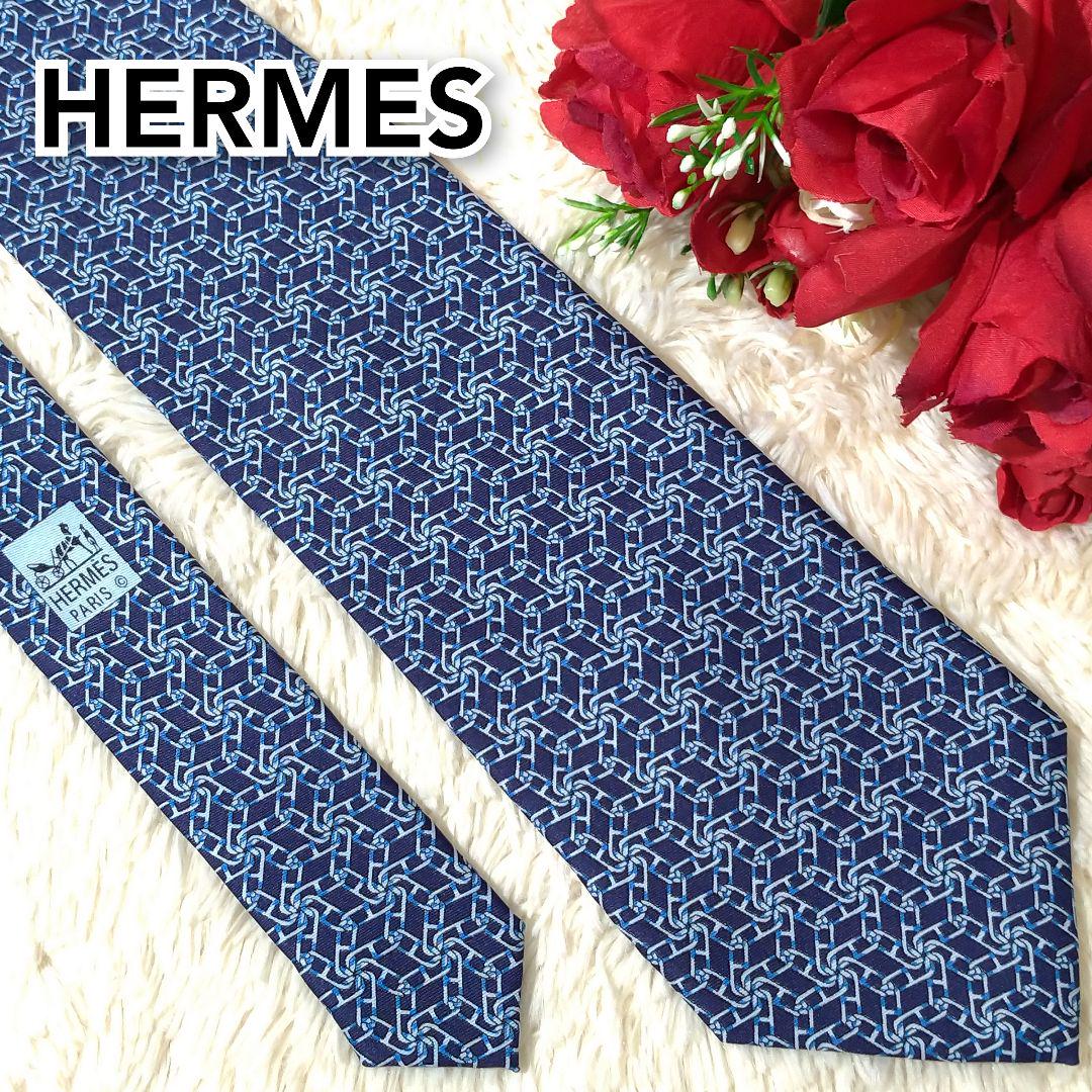 極美品♥HERMES 最高級 フランス製 ネイビーブルー ネクタイ