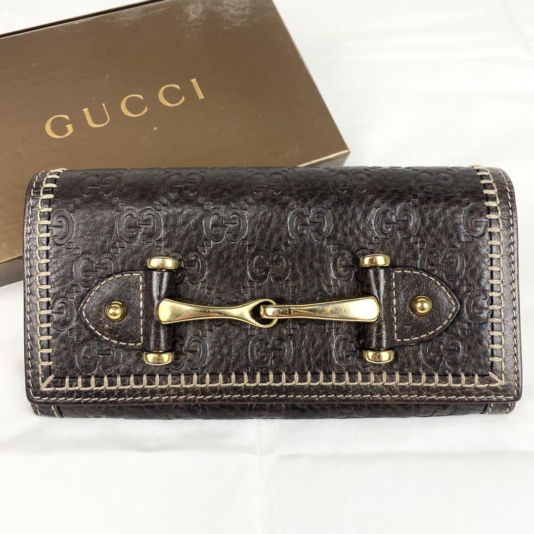 GUCCI　長財布　GG柄　シマ　ホースビット　ブラウン　レザー　ゴールド金具