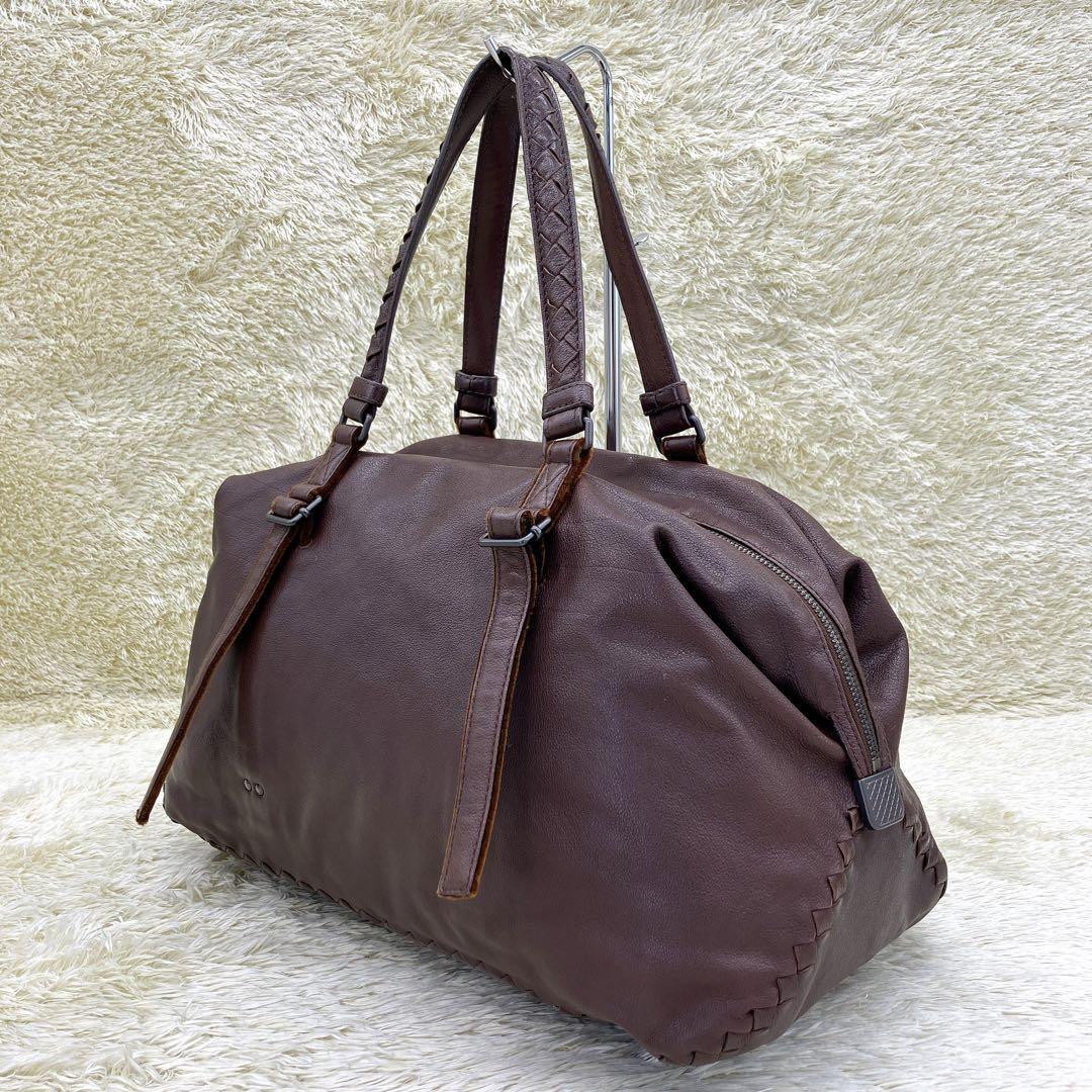 【BOTTEGA VENETA】ボストンバッグ　イントレチャート　レザー　茶色