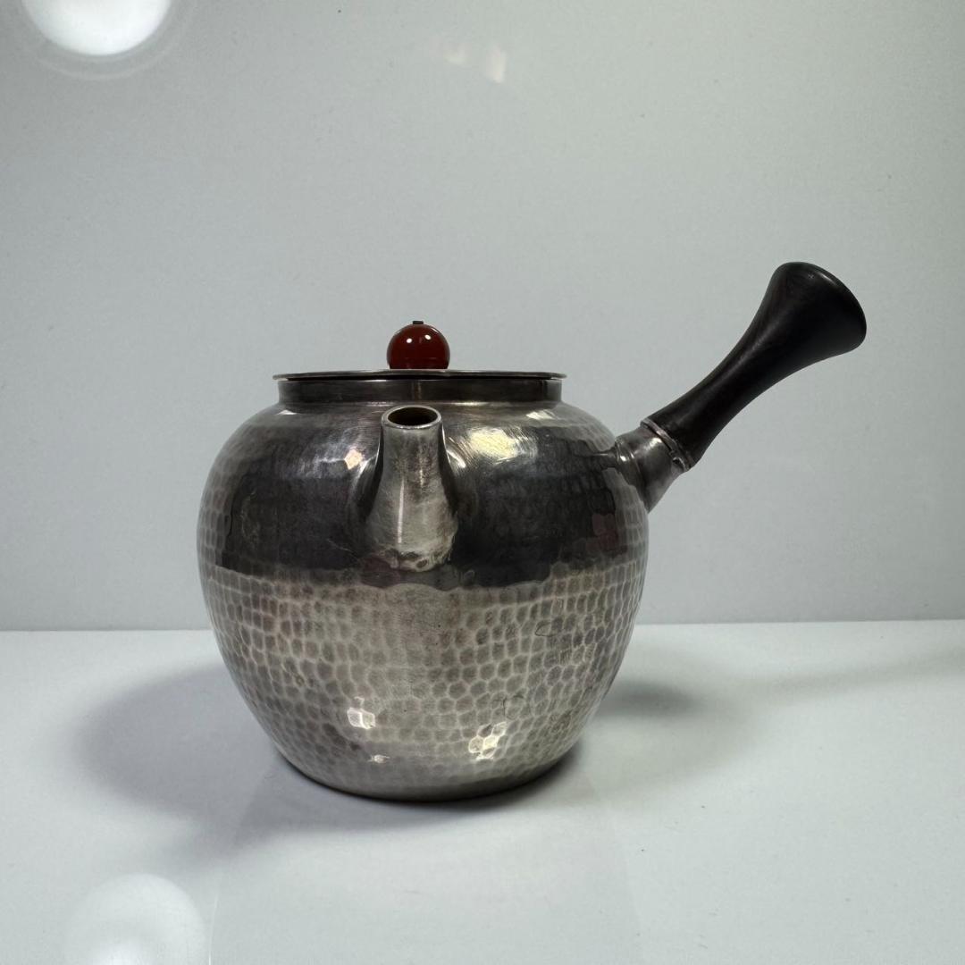 純銀製 槌目 寶瓶急須 木取手 煎茶道具 長さ約10cm