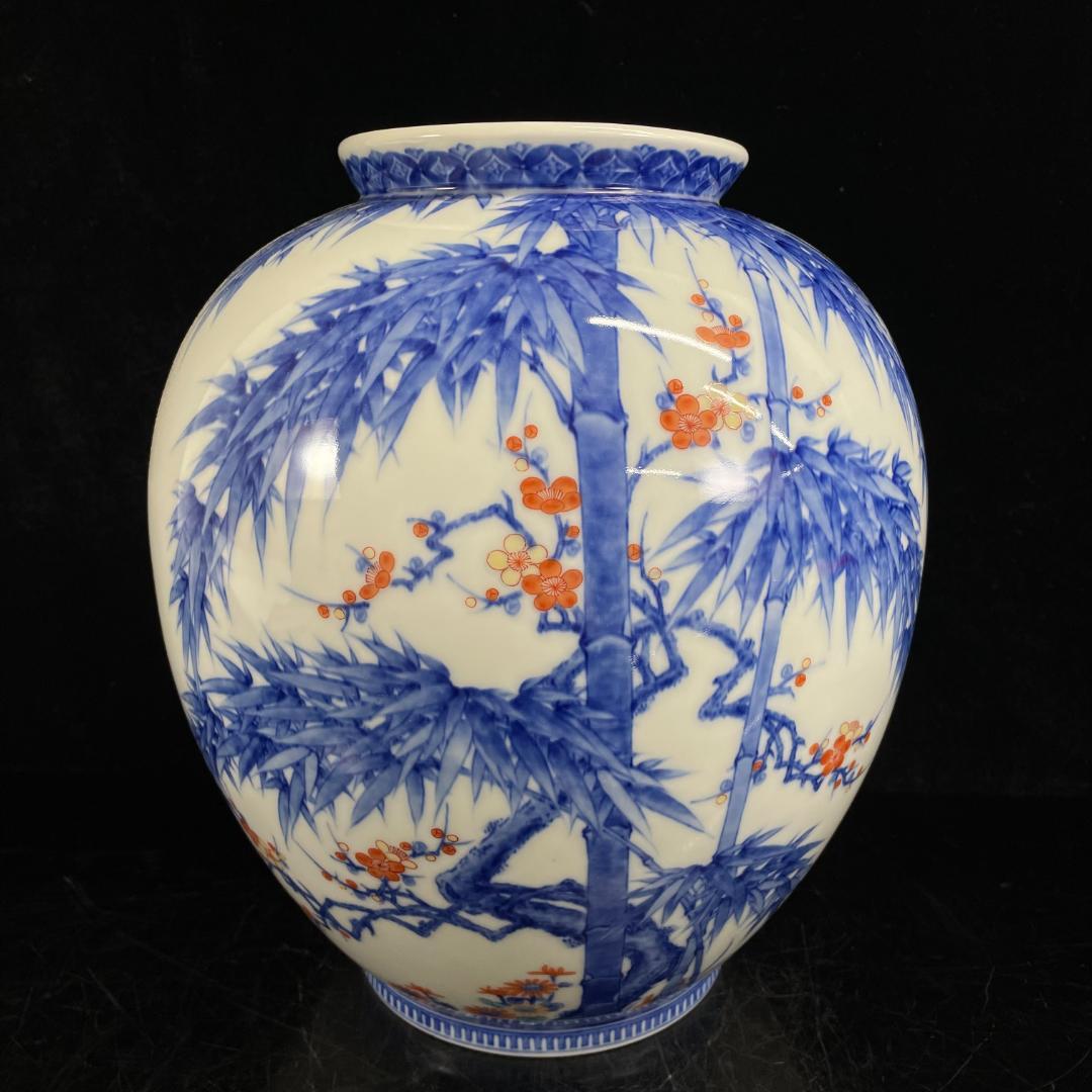【初回限定】 【随心堂】色鍋島焼　染錦色絵　竹風景　梅花花瓶　壺　置物　古美術　時代物　D33 陶芸