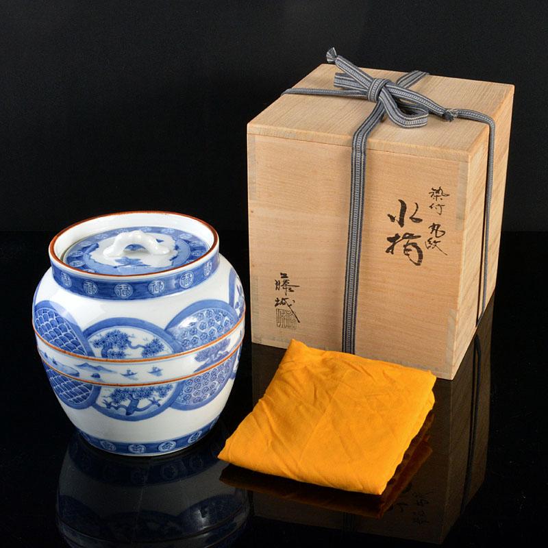 茶道具　京焼　加藤藤城作　染付　丸紋　水指　共箱　M　R4376B