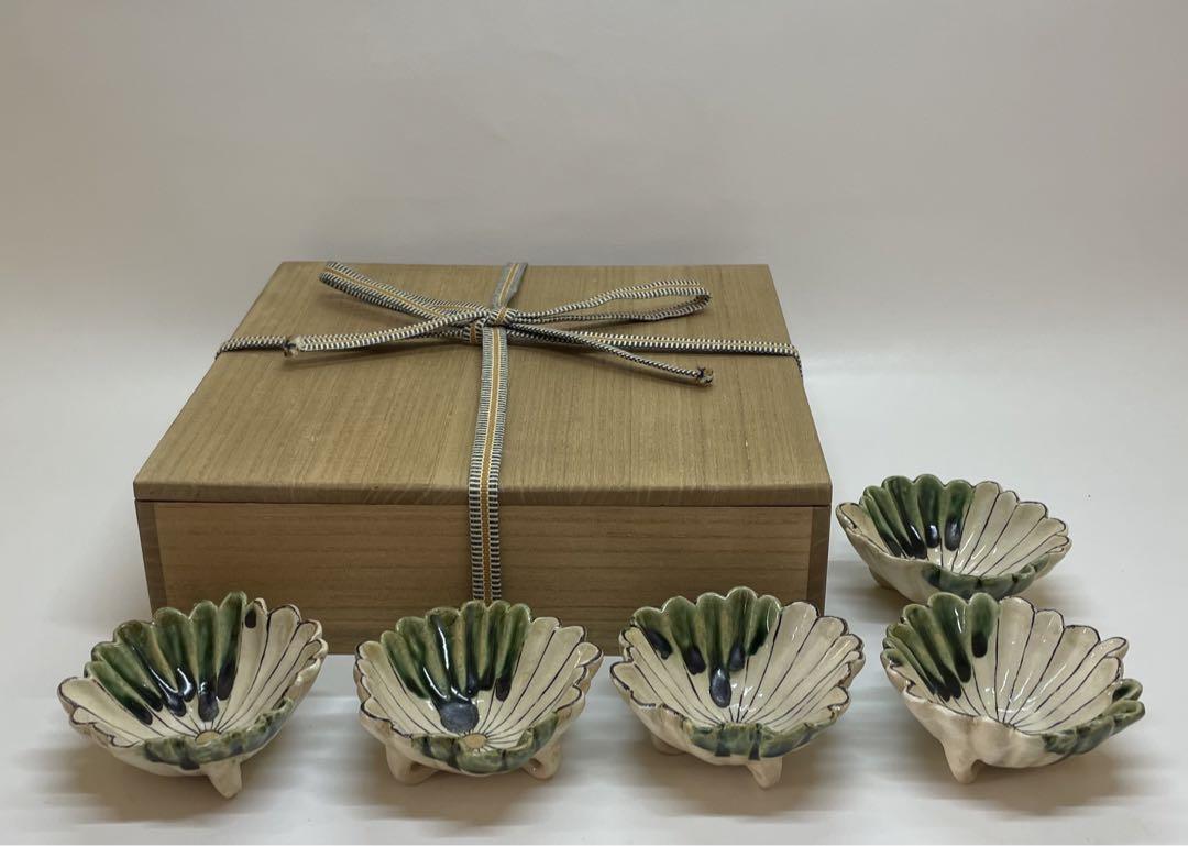 尾形乾山 京焼 緑釉 菊花 輪花 向付 五客 仕立箱  k319