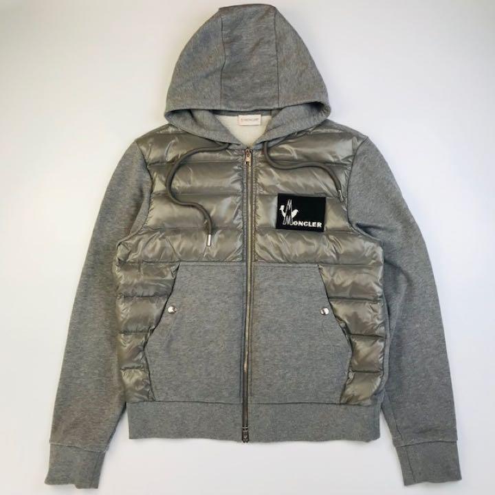 人気の春夏 極美品★モンクレール・ビックワッペン付 スウェット切替 ダウンパーカー(L) ダウンジャケット