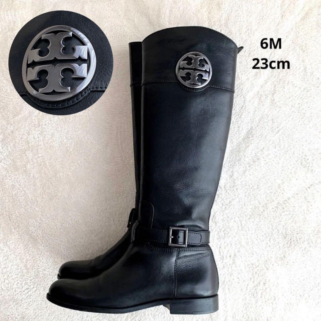 【美品】Tory Burch　ロングブーツ　デカロゴ　シルバー金具　 レザー　黒