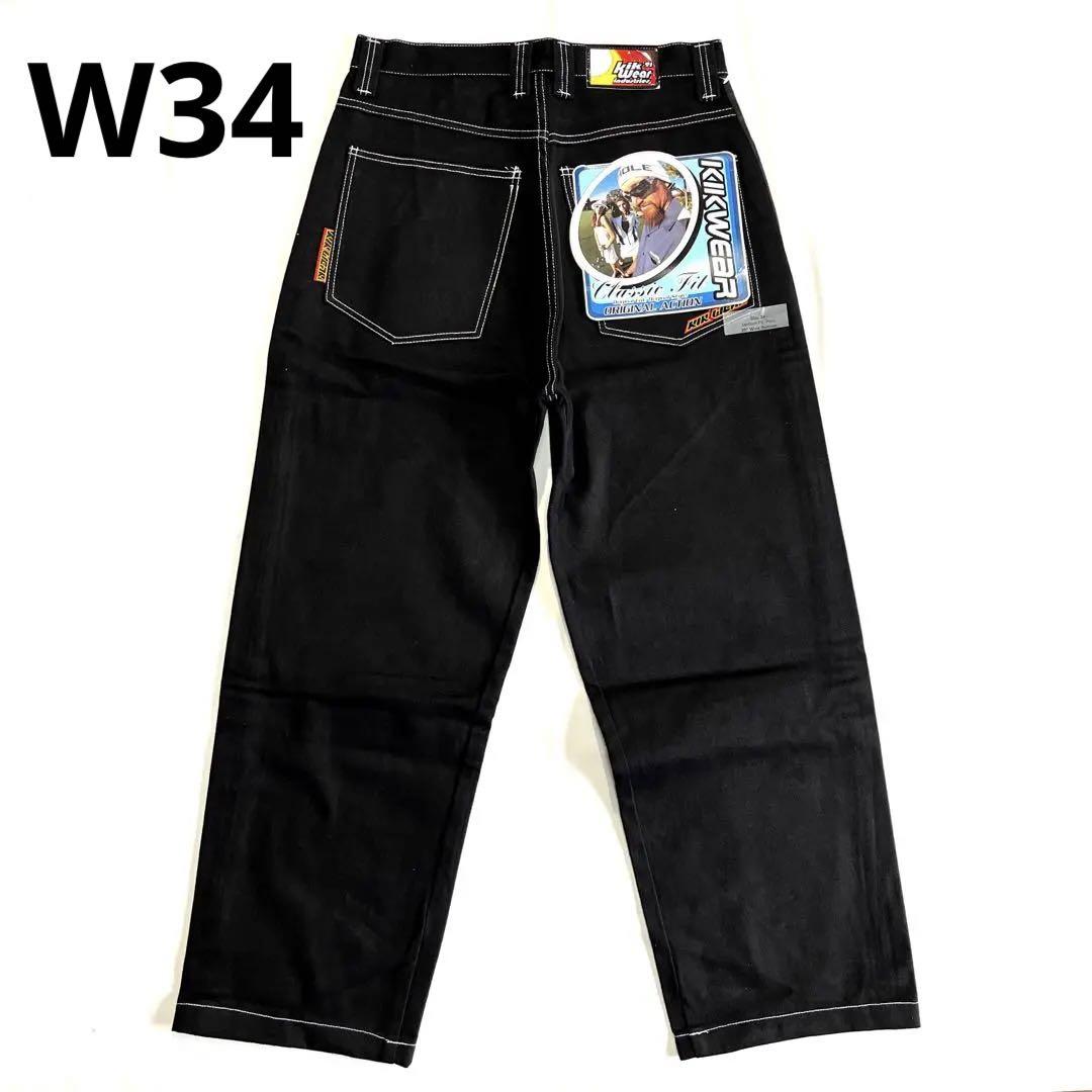 未使用品 90s USA製 KIKWEAR ワイド デニムパンツ W34 黒