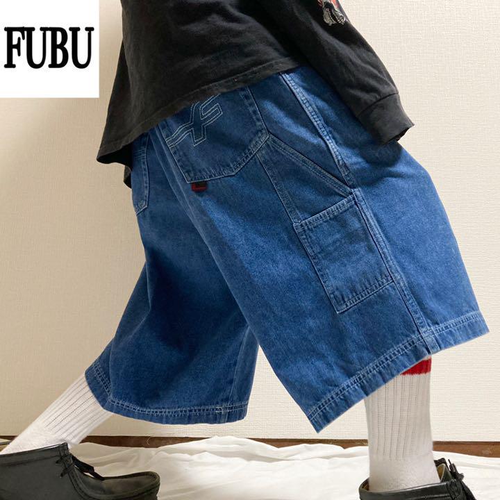 90s フブ ワイド デニム ハーフ ペインター バギーパンツ ショーツ 刺繍