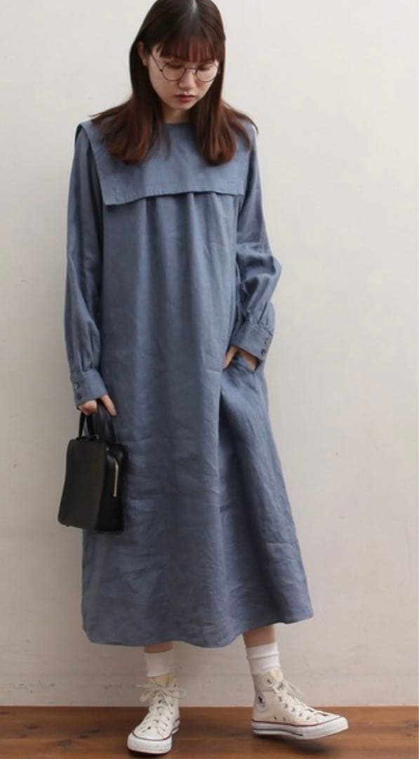 Fig Londonモーニングリネンセーラーワンピースブルーグレー新品