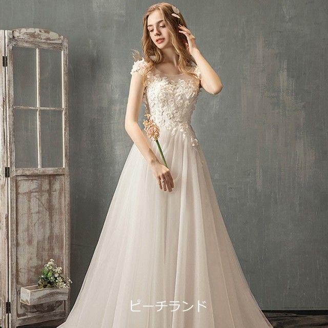 ウェディングドレス レース 花柄 姫系 プリンセスドレス花嫁ドレス ロングドレス